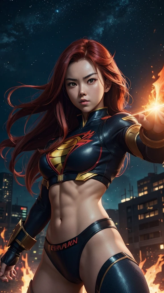 ????? Jessica Henwick, Female Superhero Martial Artist, Long Red Hair, Detailed Face, Beautiful Face, Upper Body View Portrait, Anime Eyes, Lean Female Body Physique, Toned Female Muscle, Female Body Shape, Fit Female Body, 4KUHD quality, 1080i, 1080p, Cinematic Quality, Dramatic Lighting, Bokeh, Unreal Engine 5, Cel Shaded Style, Surrounded by Cosmic Fire, Anime Asthetic, DBZ Asthetic, Studio Ghibli Asthetic, Urban City Background, Tekken Asthetic 
[DreamGlow (NEW)]