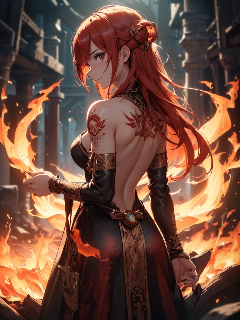 (((best quality, sharp image, clear image, cinematic lighting, 8k resolution, masterpiece, ultra detailed, intricate))) Girl, (((looking over left shoulder))), (shot from behind), fire mage, ((intricate background)), ((chaotic background)), red hair, smiling, ((flame runes, flame sigils)), (tatoo on back), slim figure, flying sigils, long dress