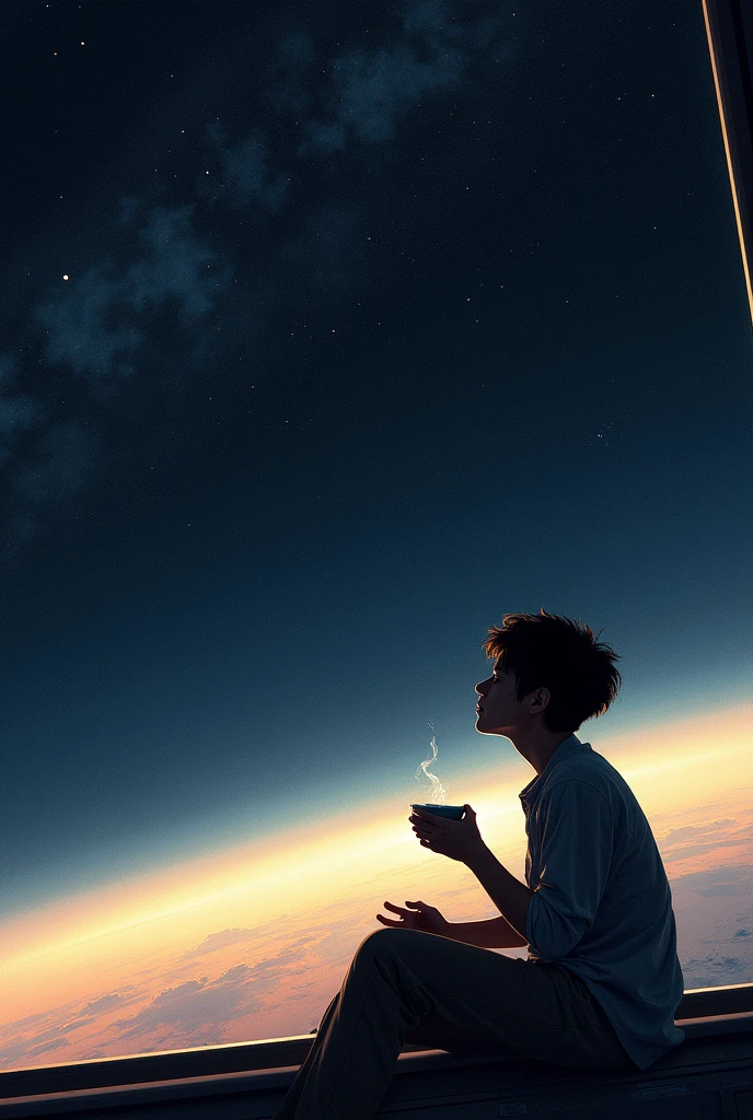A person having breakfast outside of orbit and without an astronaut uniform 
