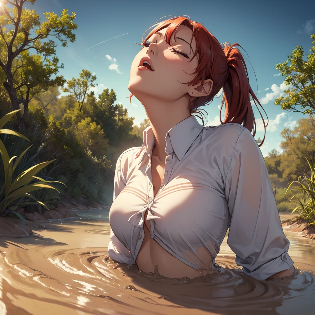 1girl, solo:1.5, masterpiece, best quality, high res, highly detailed, (illustration), beautiful detailed eyes, yuigahama yui, red hair ponytail, glossy lips, light makeup, orgasm, (looking up to the sky:1.5), (mouth open:1.2), intimate moment, school shirt, (quicksand:1.4), (submerged up to her torso), (from side:1.4), bog, swamp, grass, trees, (eyes closed:1.3),