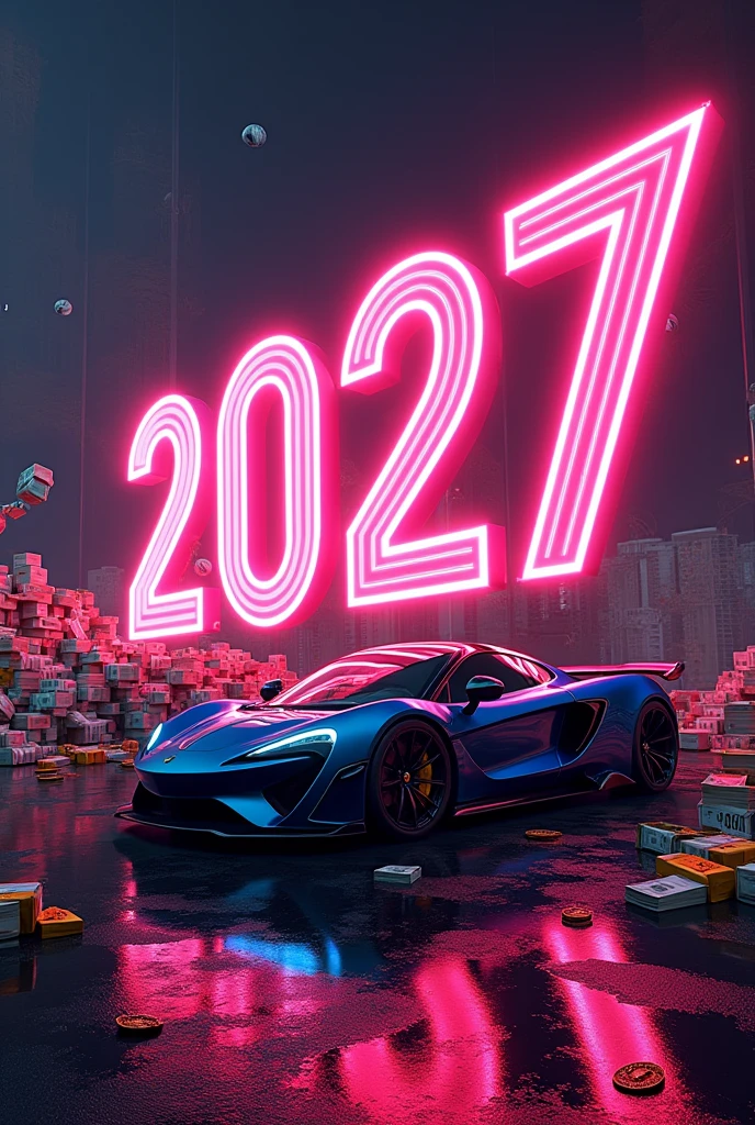 Create an image of number of 2027 with RGB neon colour with monster font with background of money and super cars to showoff .