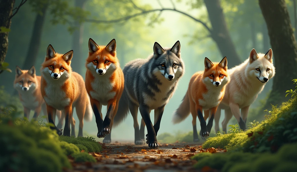 several FOXES and wolves walking together in the forest 