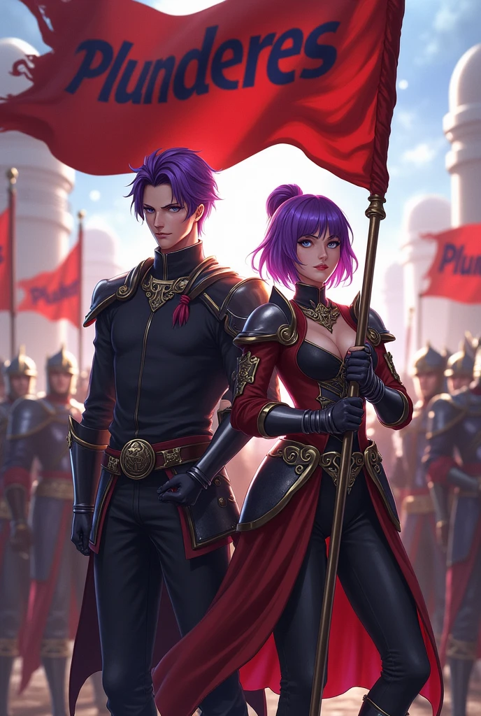 A purple haired man and a purple haired woman leader of a guild, holding the flag with the word Plunderes in his hands and behind him his army of warriors 