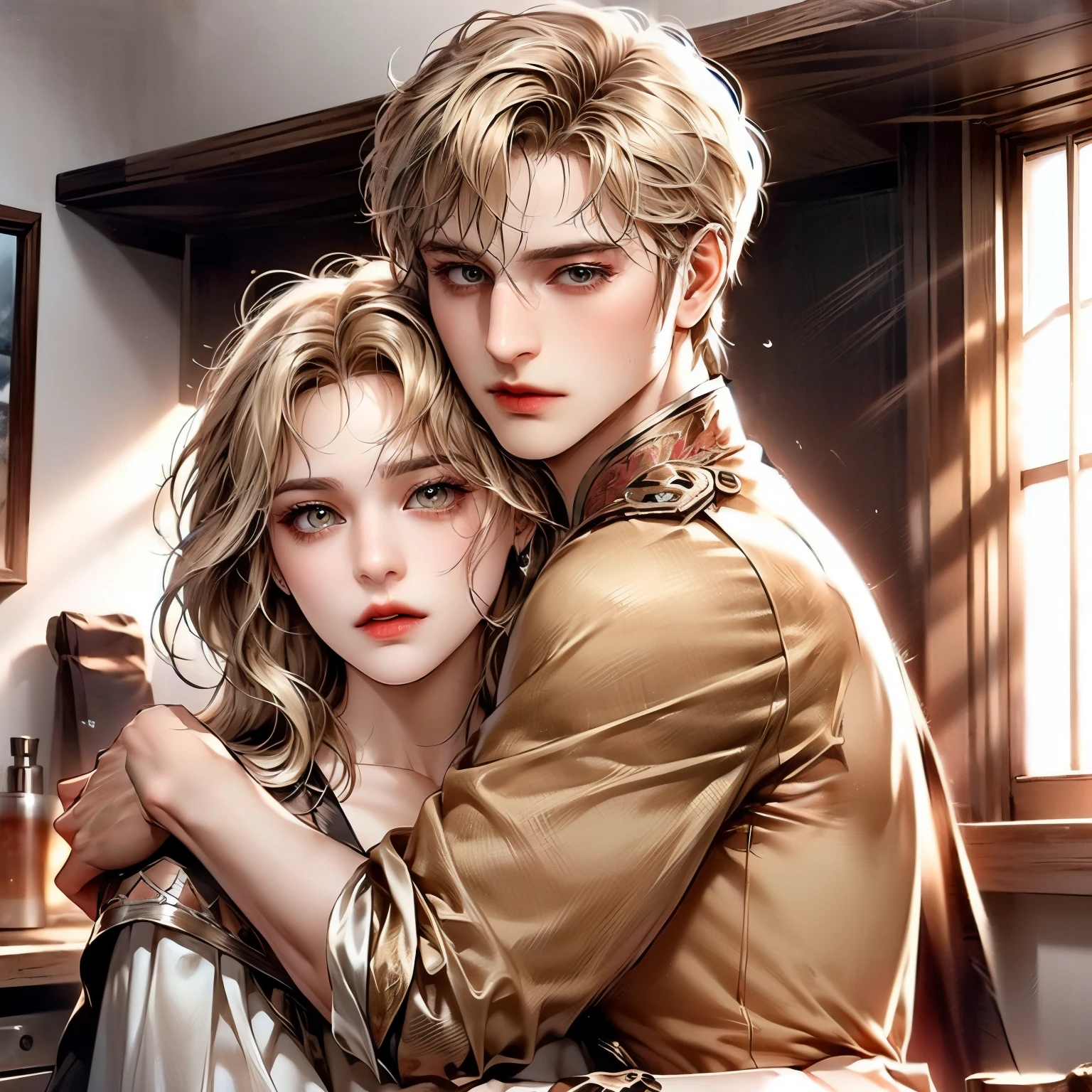 (masterpiece), (5K), (best quality), 2d Couple,((a blonde hair woman , pushed back locks, sharp eyes, slit_ pupils, pale eyes, small breasts)), brown eyes, ultra well detailed eyes, ((a light blonde hair guy, royal clothes)), a passionate hug