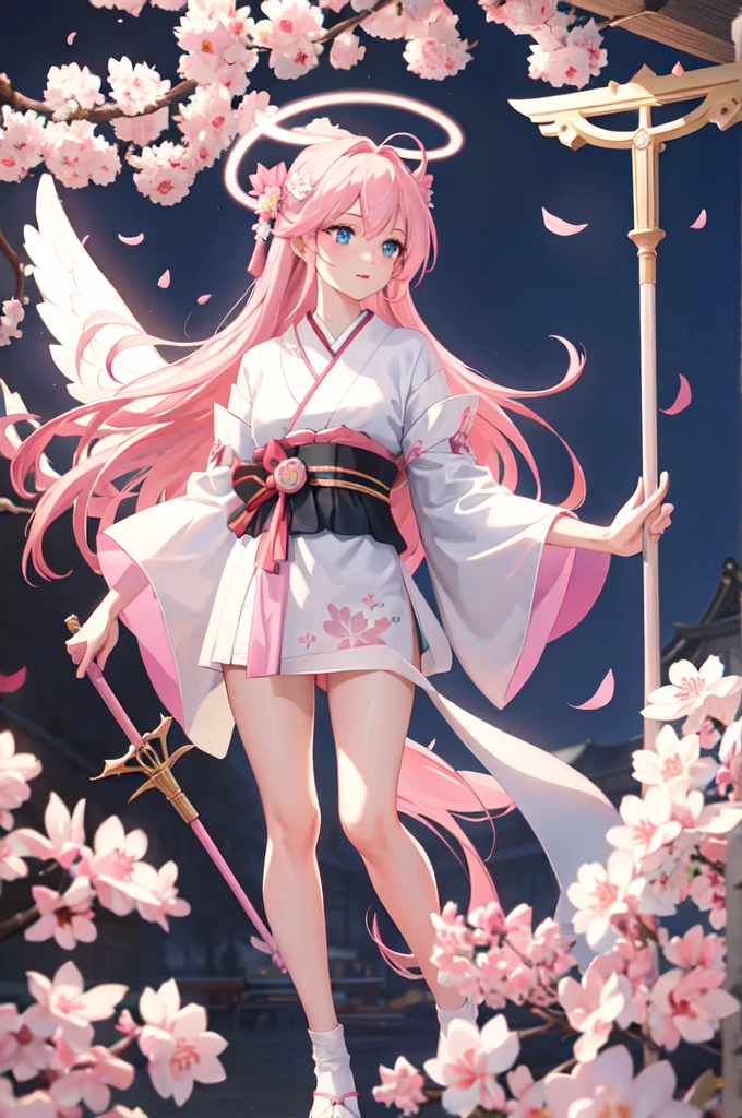 masterpiece, best quality, 1girl, lingt pink long hair, beautiful angel, sexy innocent, blue eyes, angel wings, sakura white kimono, holding an angel's staff, full body, vanilla sky, halo, rabbit ears, post-apocalypse, Japanese sakura background 