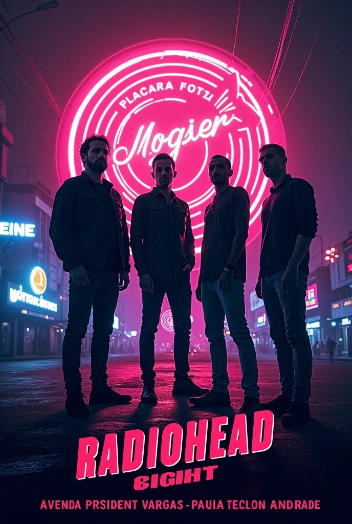 Create a poster for a 1989s themed rock show with the band Radiohead! Write address: Avenida Presidente Vargas - Praça Odilon Resende Andrade with the date 08/28/2024 at 6:00 pm