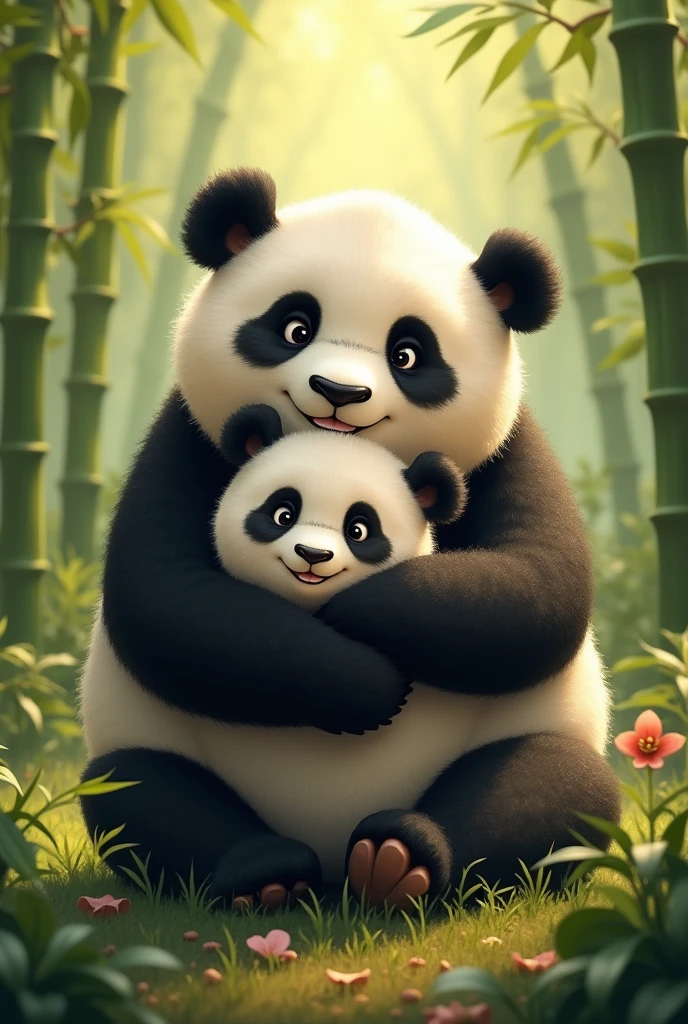Happy little panda hugging mom