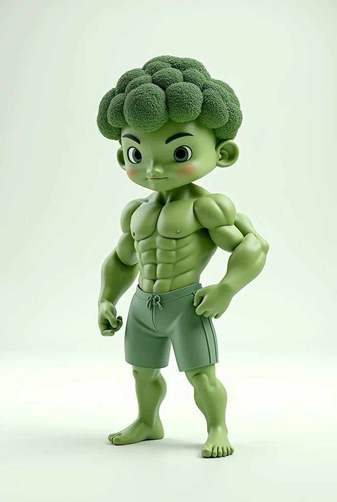 white background with a 3d muscular male chibi broccoli in gym clothes facing the screen