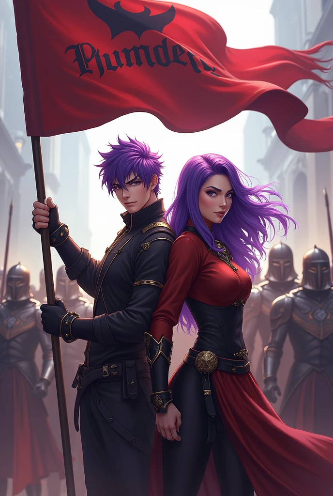 A purple haired man and a purple haired woman leader of a guild, holding the flag with the word Plunderes in his hands and behind him his army of warriors