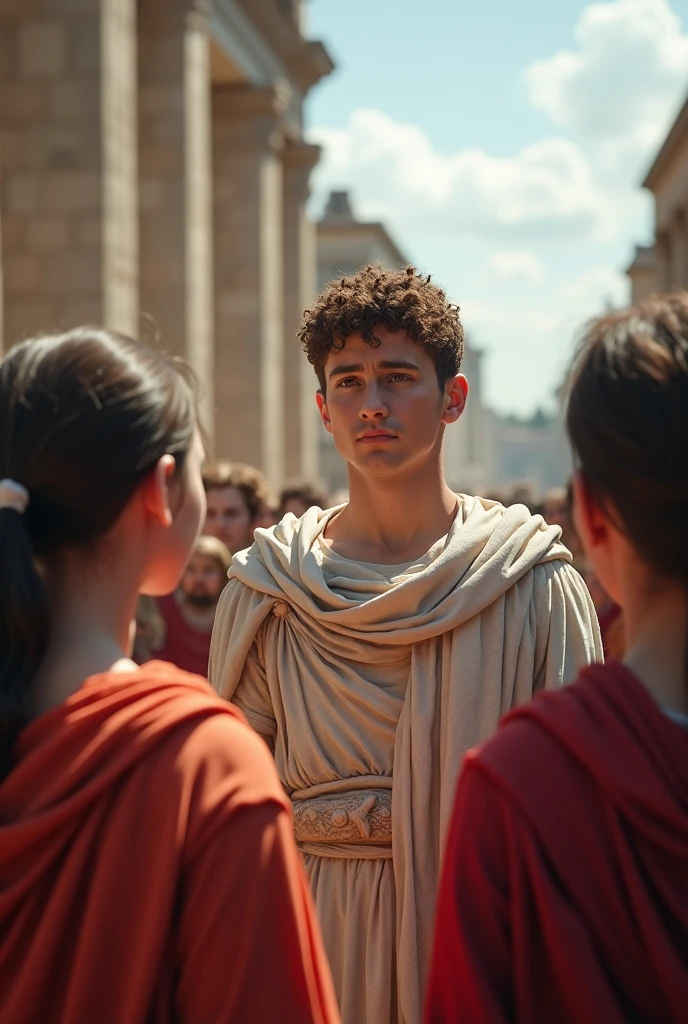 Auguste, imberbe (sans barbe ni moustache), en marbre, en tant qu'Empereur romain, porte le paludamentum et transmet ses connaissances et son savoir à des adolescents romains et des adolescentes romaines dans la Ville de Rome.