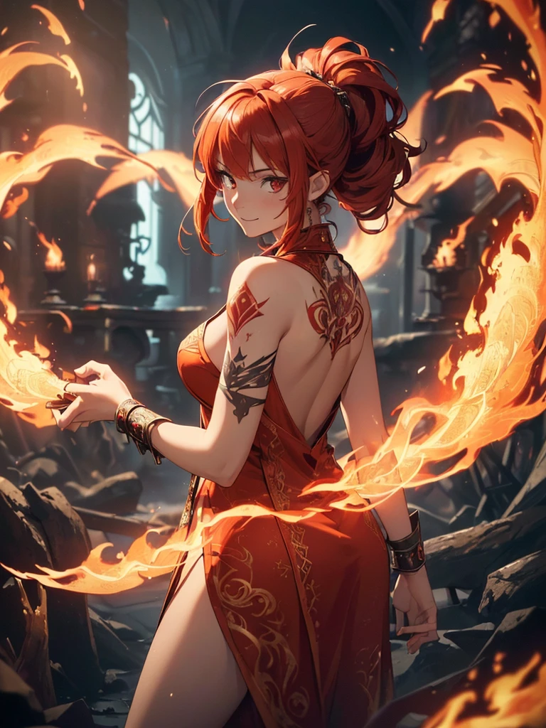 (((best quality, sharp image, clear image, cinematic lighting, 8k resolution, masterpiece, ultra detailed, intricate))) Girl, (((looking over left shoulder))), (shot from behind), fire mage, ((intricate background)), ((chaotic background)), red hair, smiling, ((flame runes, flame sigils)), (tatoo on back), slim figure, flying sigils, long dress