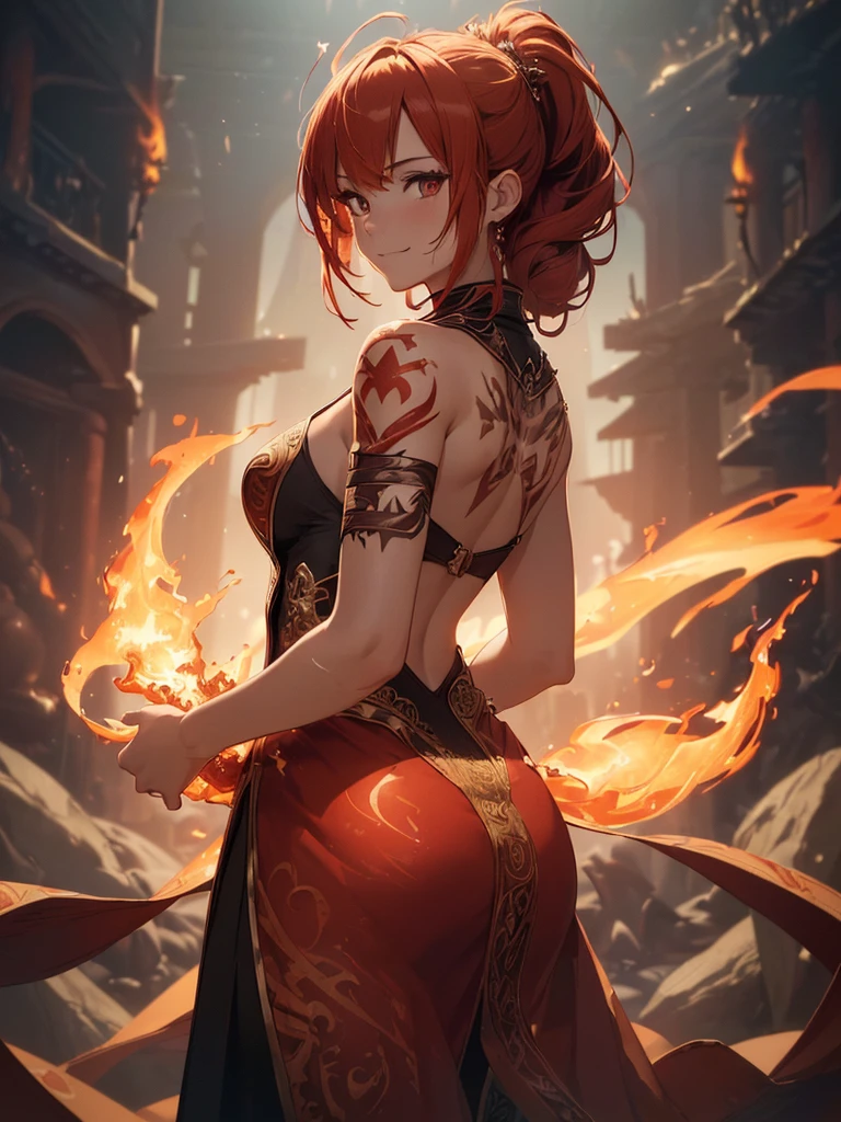 (((best quality, sharp image, clear image, cinematic lighting, 8k resolution, masterpiece, ultra detailed, intricate))) Girl, (((looking over left shoulder))), (shot from behind), fire mage, ((intricate background)), ((chaotic background)), red hair, smiling, ((flame runes, flame sigils)), (tatoo on back), slim figure, flying sigils, long dress