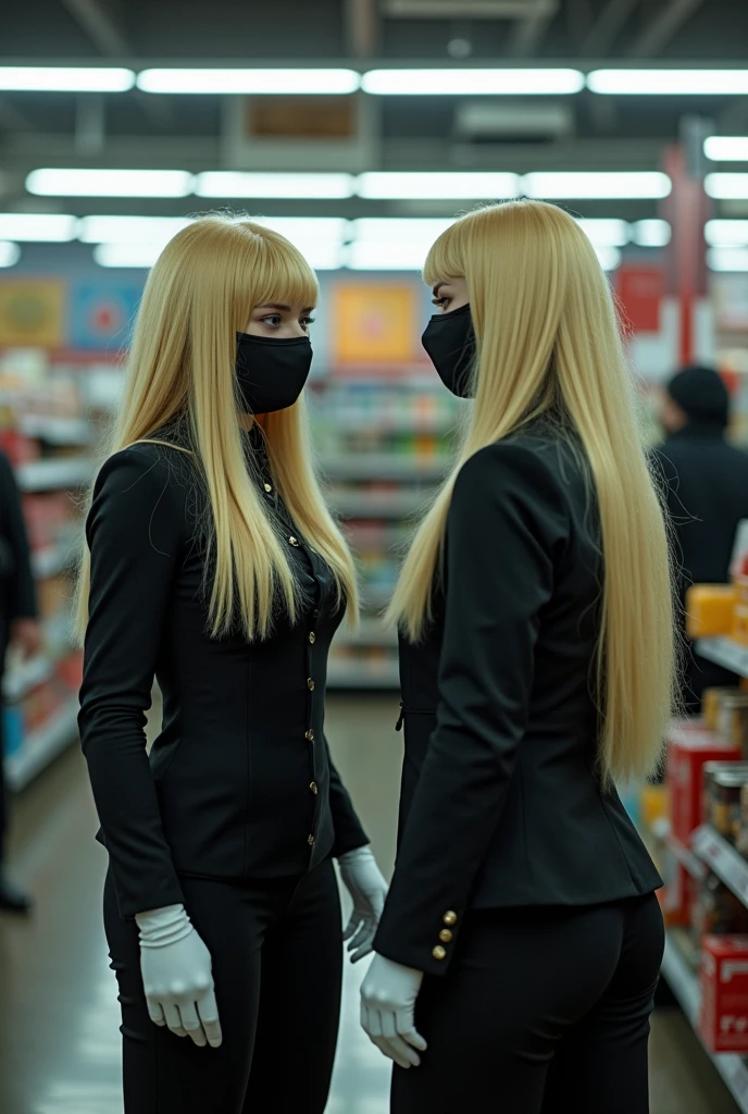 2 women wearing long blonde hair wigs with masks and wearing white leather gloves who hold up a supermarket to empty the cash register with guns