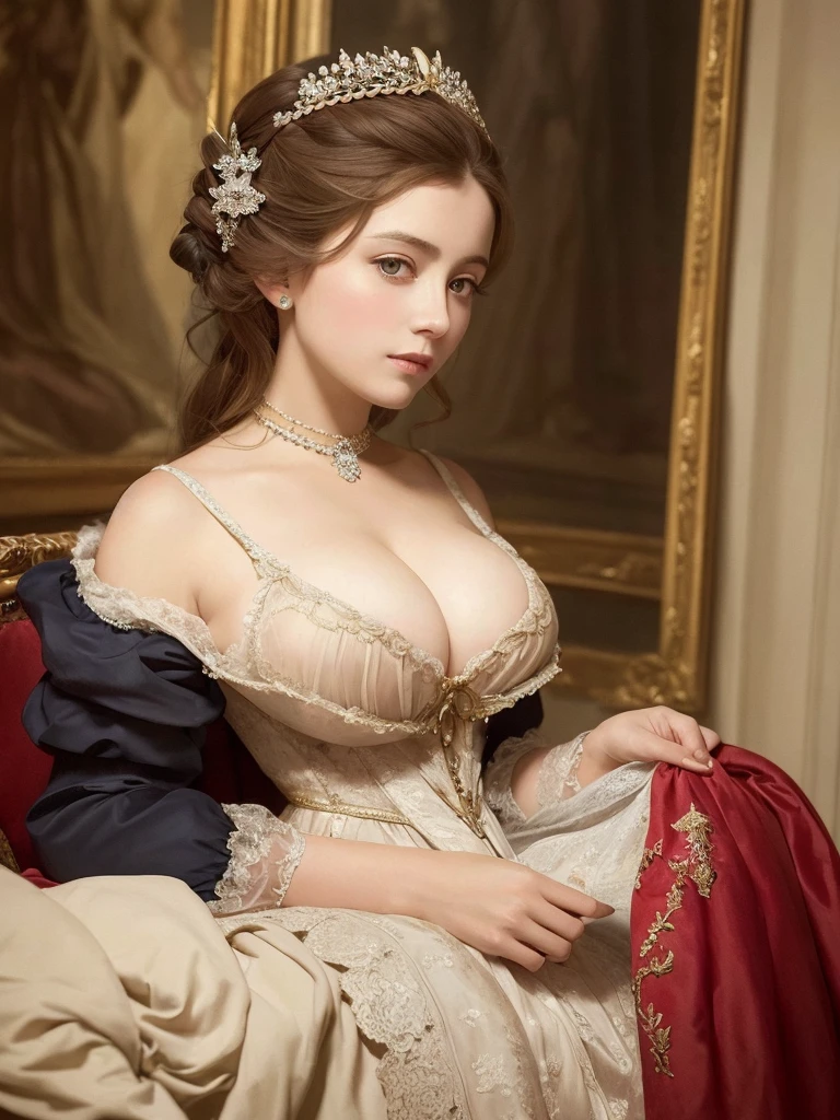 an oil painting, top-quality, ​masterpiece, 1girl, (huge ;2), Dresses from the Belle Époque era, Noble lady, French cityscape, Marie Antoinette, Lady, decolletage,