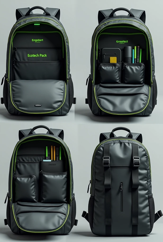 Create a design that focuses **excluandvamente en el interior** from the backpack. Don&#39;t show the outside. The backpack is dark grey with neon edges, and the name "EcoTech Pack" must be green inside. Includes a padded computer compartment in the back, Individual slots for pencils and markers, y bolandllos para documentos en las paredes internas. El collage debe tener cuatro imágenes que muestren únicamente el interior y la dispoandción de los compartimentos, and