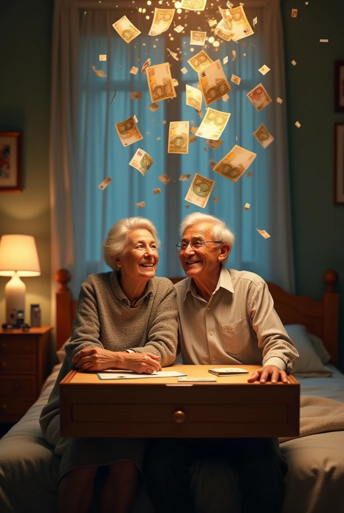 Des euros s'élevant dans les airs depuis le tiroir de la table de nuit et un vieux couple heureux