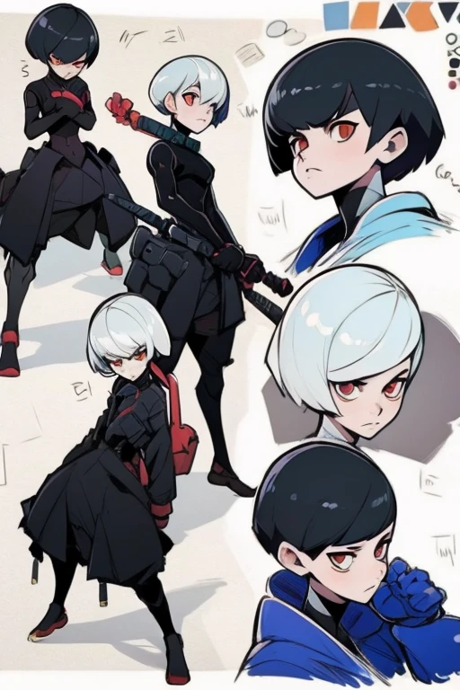 A female, full body, woman, character sheet, short hair, pale skin, fight pose, dinamic angle.