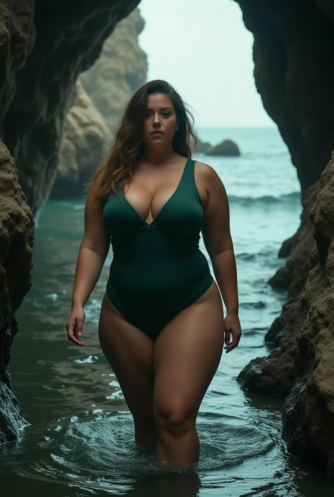 4 breast size, in a dark green swimsuit with a neckline, on the ocean, cave background