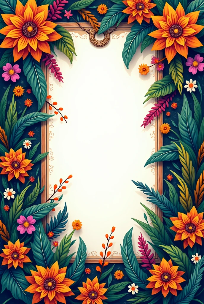 Make me a wide and thin horizontal canvas, decorated with tribal theme, colorful, with vegetation and the center is white