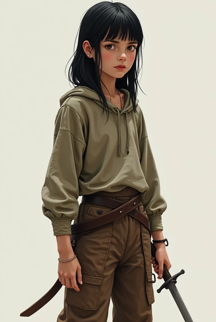 Arya stark, Skinny   with a thin sword on left hand,her hair is straight black ,her face is long and sharp, she's wearing a Brown Cotton pants and over sized top with a belt on waist.