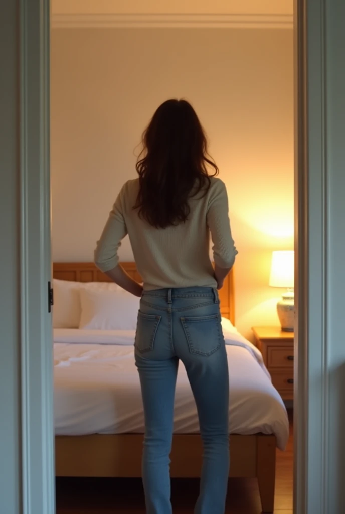 Claire, a brunette woman in her 30s, opens her bedroom door. The interior is simple, with light-colored walls, a neatly made bed with white sheets, and a lit bedside lamp. Claire is opening the door, revealing an orderly and warm room.