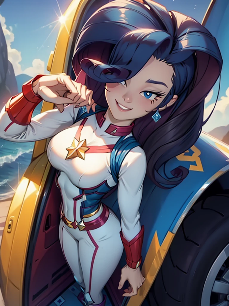 Rarity, Huge-breasts, Lush breasts, Elastic breasts, hairlong, Luxurious hairstyle, In the costume of Captain Marvel, white and blue suit, Elegant boots white, in the sky, superhero, brawn, in full height, Happy, ssmile, Rhinestones and diamonds are everywhere, Magic, from bottom to up view, Superhero pose, Blue Beam Flight, beste-Qualit, Very detailed, 8K quality, in full height