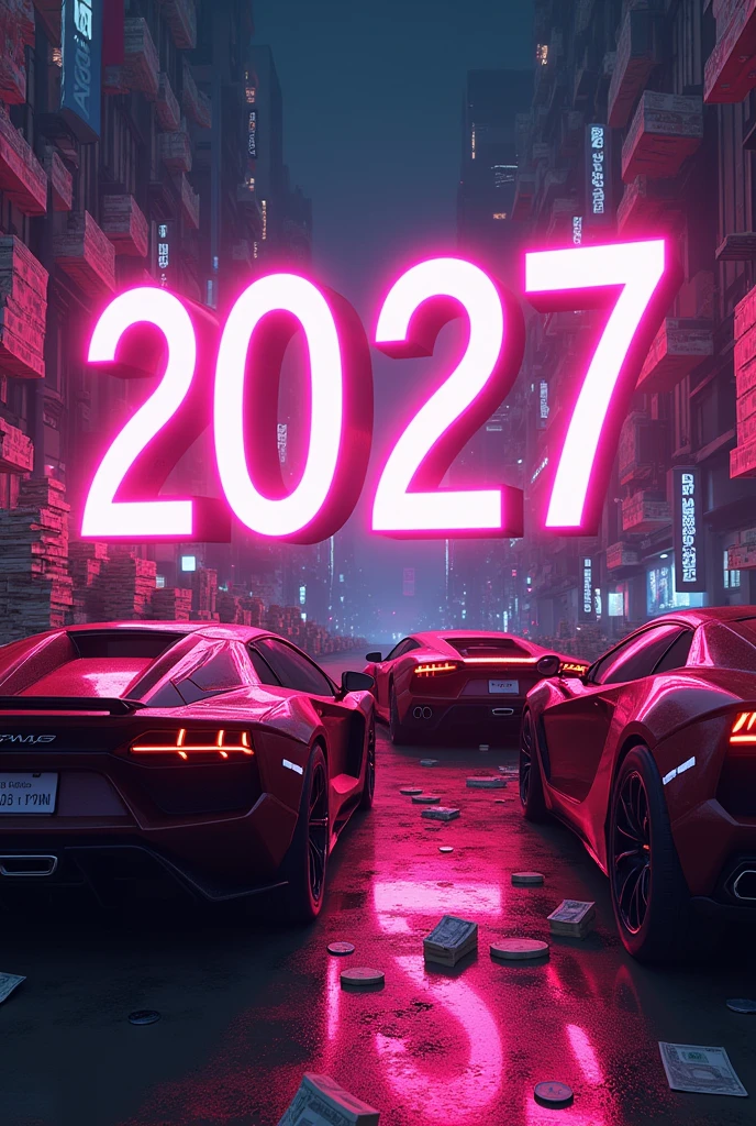 Create an image of number of 2027 with RGB neon colour of scarry font with background of money and super cars to showoff .