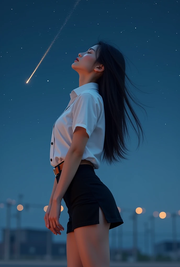 Korean-thai super model woman, in Thai university uniform, black tight slit mini skirt, starry sky, bright stars, slim and perfect figure, medium breasts, emphasize on breasts and hip and bottoms and thigh, rule of thirds, white tight between cap-sleeve and short-sleeve button up shirt for woman, white sneakers, brown suede belt, silver modern canvas belt buckle, silver shirt buttons, black long straight messy hair, blow hair, beautiful face, dynamic compositions, 1 shooting star, standing, wishing, close eyes, tilt her head back, two hands interlock together, very dark, blue tone, orange highlight, slender, high detailed, best quality, masterpiece, 32k, ultra high resolution