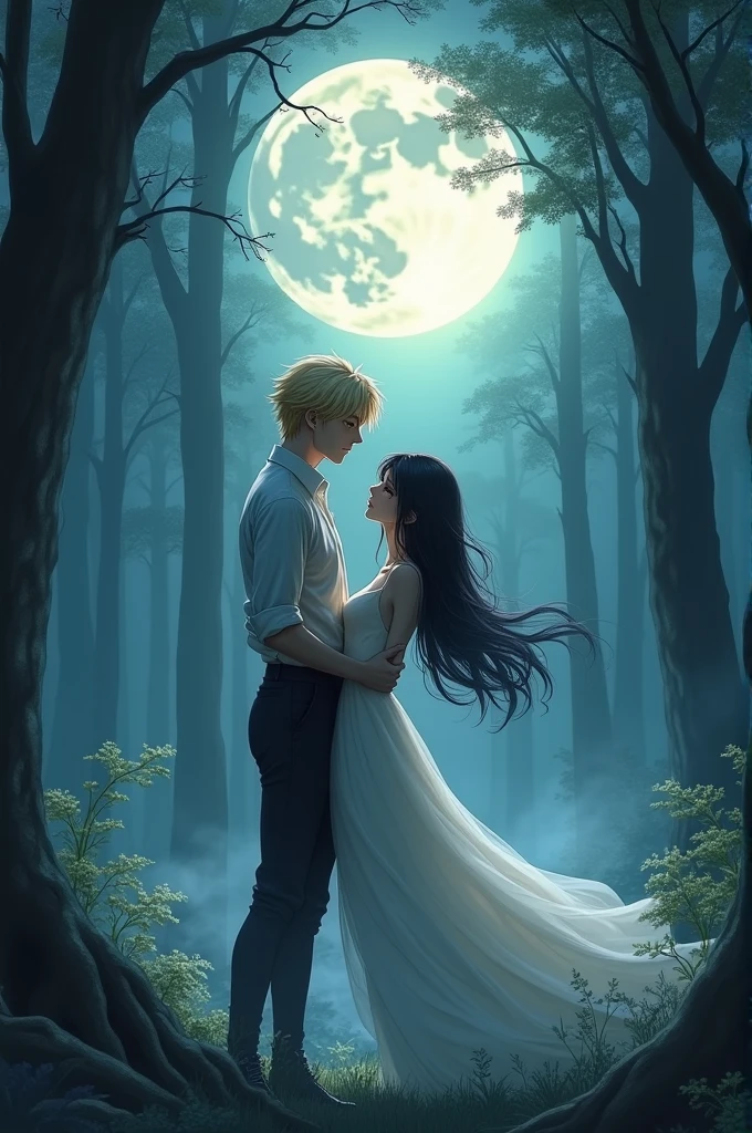 A romantic fantasy scene that captures the intensity and beauty of forbidden love.. In the center of the image is a human man who combines striking features inspired by the characters Nanami Kento and Toji from Jujutsu Kaisen. He has blond hair, perfectly arranged like Nanami's, that fall softly over his strong and determined face. His physique is powerful and muscular, evoking the strength and presence of Toji, enquanto seus olhos, penetrating and confident, shine with an intensity that captivates and protects.
Next to you, almost enveloped in his presence, there is a human woman of delicate and ethereal beauty. Her long dark hair flows like silk under the soft light of the full moon., that bathes the scene in a magical, silvery glow. She is graceful and serene, emanating a mixture of vulnerability and inner strength. The man protects her with a firm stance, mas ao mesmo tempo, there is a palpable tenderness in his gesture, as if the world around them could disappear at any moment.
The setting is a mysterious and enchanted forest, where tall, ancient trees stand as guardians of the secret of this love. The thick fog moves silently around your feet, almost as if it were alive, adding a touch of mystery and a slightly menacing atmosphere. The full moon in the sky illuminates the treetops and traces delicate shadows, creating a contrast between light and dark that enhances the deeply romantic mood of the scene.
This is a story of intense passion, unbreakable connection and feelings that transcend time and space, involving the two characters in a dance of love and destiny, under the watchful eye of eternal night."
