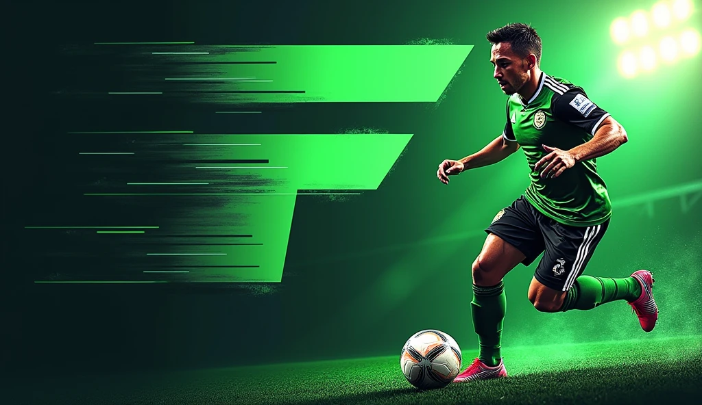 Create a banner for a football channel on YouTube using the letter F, a soccer ball and a player. Combine the colors green, blackw, white and grey.