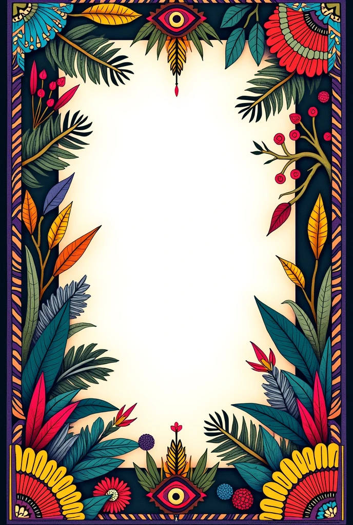 Make me a wide and thin horizontal canvas, decorated with tribal theme, colorful, with vegetation and the center is white and large