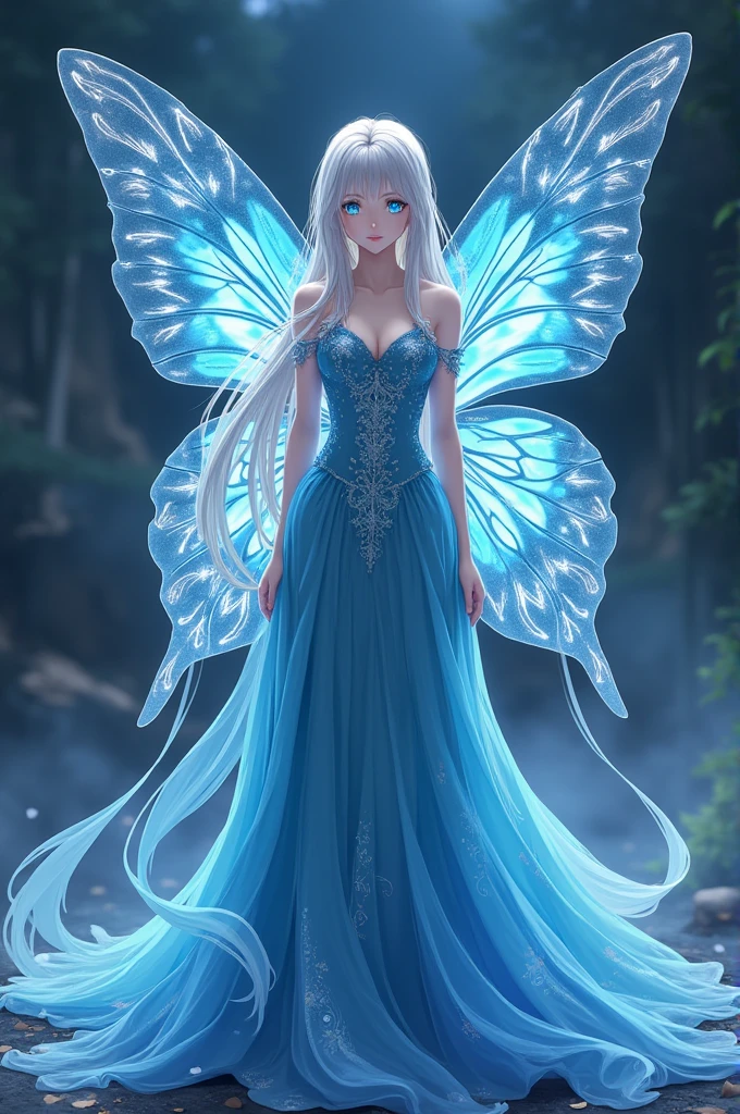A character design sheet of an anime female, Butterfly, evening gown, ultramarine, Complex pattern design, The full body shot shows her from the front view, side profile and back view, with all angles shown, The character design is a concept art in the anime style-ar 82:69