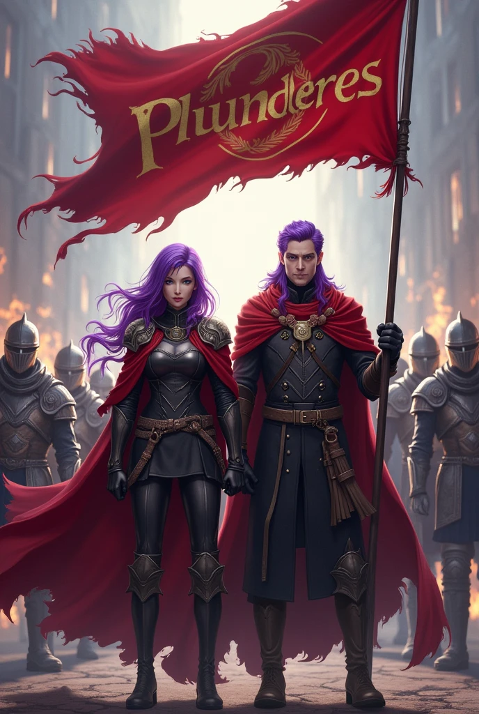 A purple haired man and a purple haired woman leader of a guild, holding the flag with the word Plunderes in his hands and behind him his army of warriors