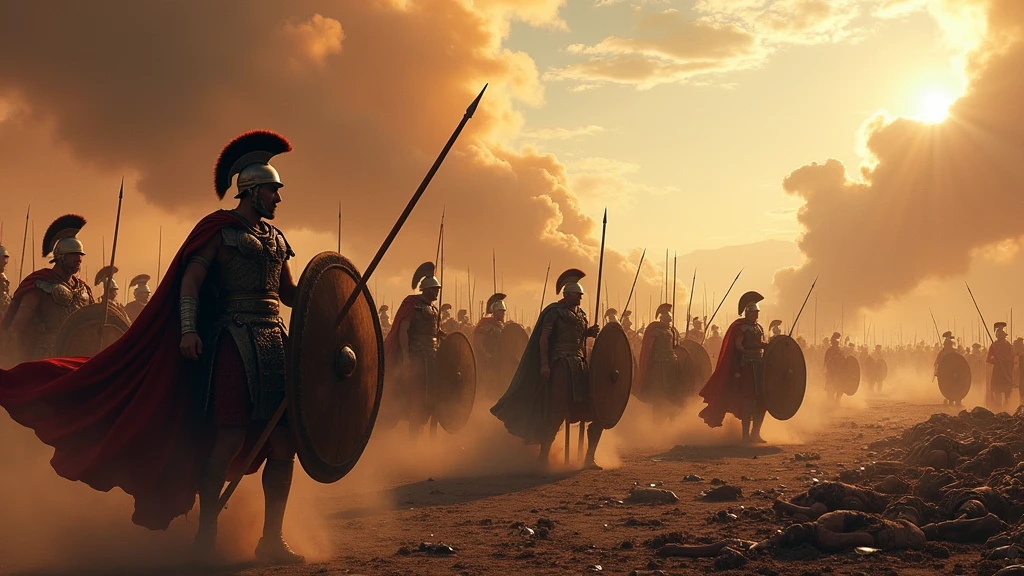Armée de thrace dans la grèce antique, sur un champ de bataille apocalyptique dévasté, jonché de cadavres
