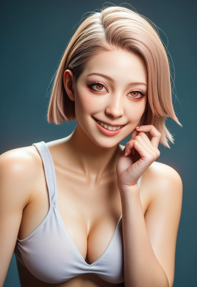 top-quality、masterpiece、超A high resolution、(realisitic:1.4)、Beautuful Women1、Beautiful detail eyes and skin、smile、Light brown short-cut hair, She is Wearing a manchester united shirt posing for a photo, gorgeous chinese model, photo of slim girl model, IG-Modell, beautiful female model