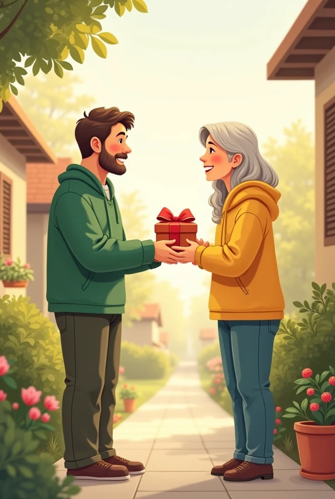 create illustration of two neighbours one wearing green and other yellow shirt one .One is giving gift to other