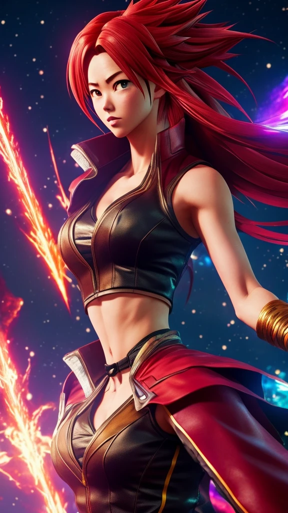 Naked Jessica Henwick, Female Superhero Martial Artist, Long Red Hair, Detailed Face, Beautiful Face, Upper Body View Portrait, Anime Eyes, Lean Female Body Physique, Toned Female Muscle, Female Body Shape, Fit Female Body, 4KUHD quality, 1080i, 1080p, Cinematic Quality, Dramatic Lighting, Bokeh, Unreal Engine 5, Cel Shaded Style, Surrounded by Cosmic Fire, Anime Asthetic, DBZ Asthetic, Studio Ghibli Asthetic, Urban City Background, Tekken Asthetic 
[DreamGlow (NEW)]