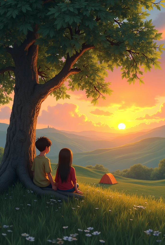 A girl and a boy sitting at the foot of an isolated tree in a green valley watching the sunset, with tents next to it