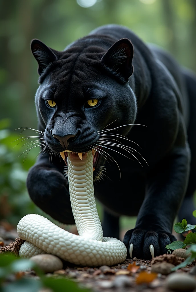 Black panther biting a dead white snake
