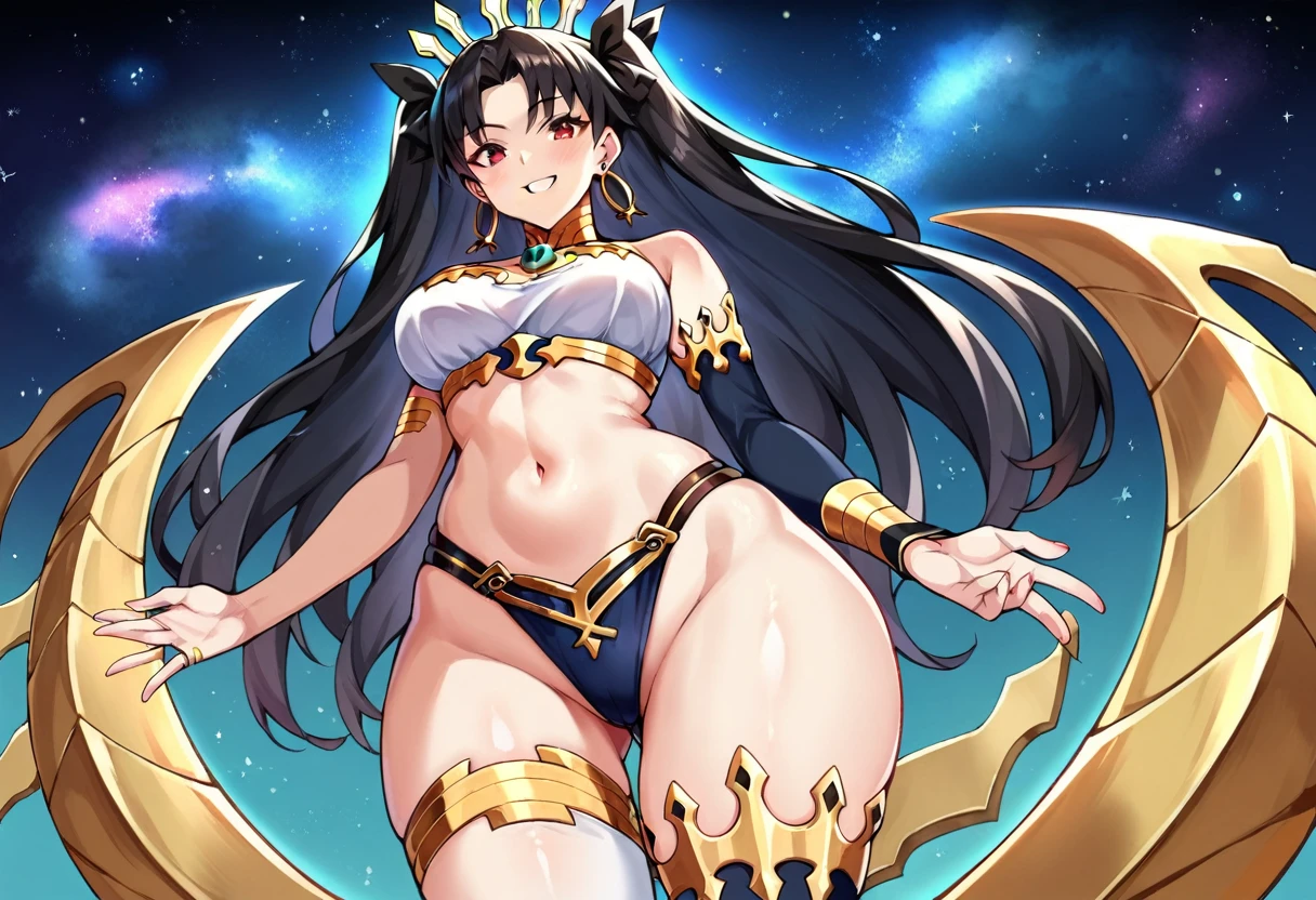 score_9, score_8_up, score_7_up, score_6_up BREAK source_anime, Ishtar, long hair, black hair, ribbon, hair ribbon, two side up, red eyes, parted bangs, crown, thighhighs, navel, jewelry, earrings, single thighhigh, armlet, asymmetrical legwear, anklet, uneven legwear, neck ring, single elbow glove, asymmetrical sleeves, uneven sleeves, (Starry Sky:1.3), 1girl, divine goddess body with stunning curves, smile, wide hips,  on a starry sky at night