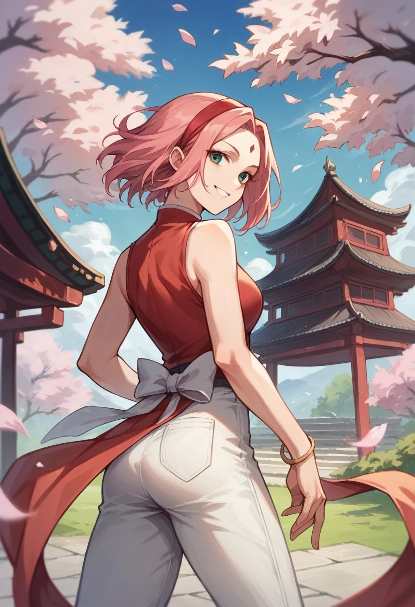 masterpiece, absurdres ,1girl, haruno sakura,forehead mark, red hairband, red sleeveless dress,bracelet, from behind, white pants, (uchiha crest), looking at viewer, outdoor, cherry blossoms, floating hair, smile, cowboy shot,