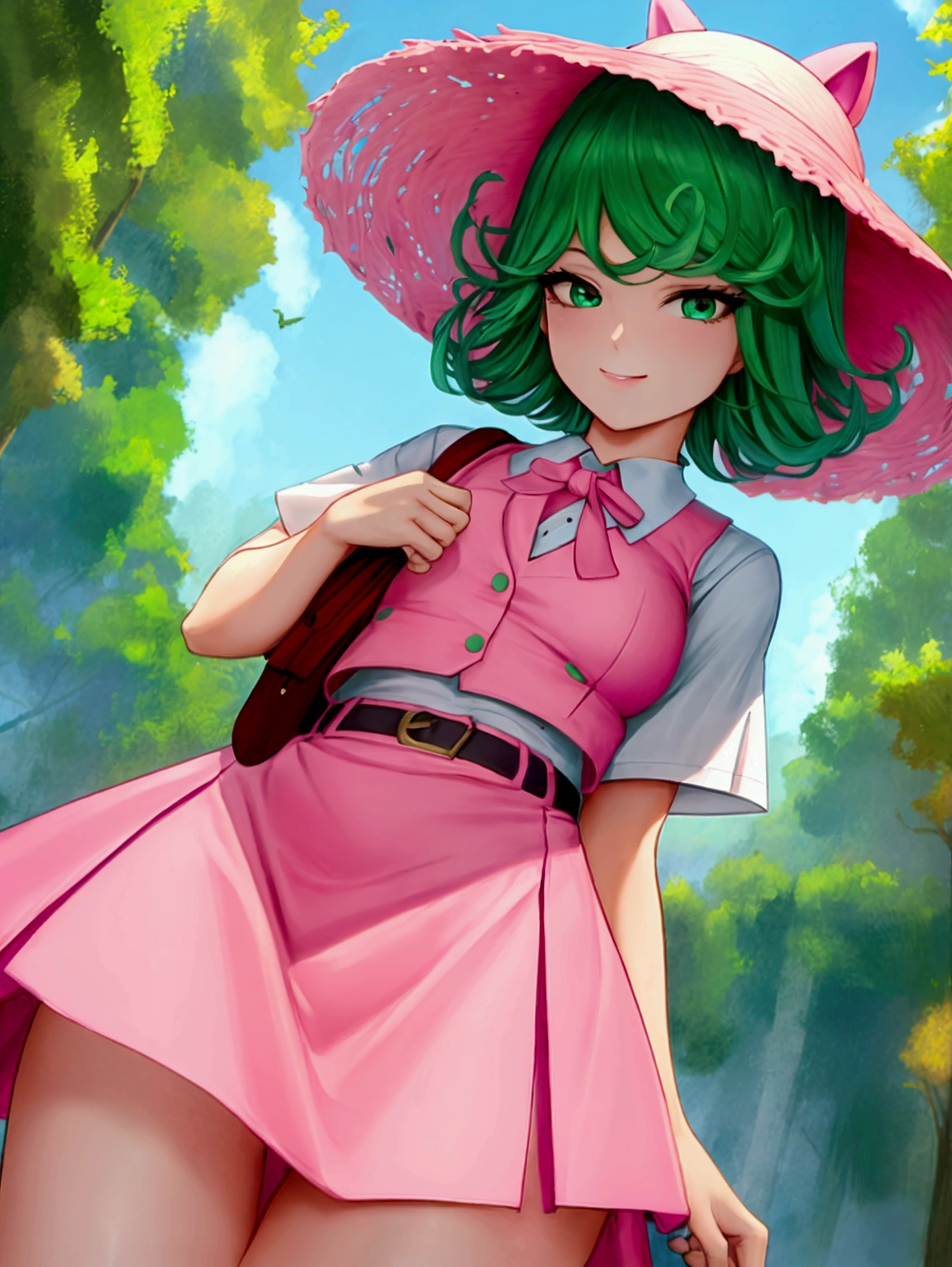 (high res, 8K, masterpiece, looking at viewer, best quality, very aesthetic, ultra detailed, ultra background, ultra Eyes) intricate details, 1girl, Tatsumaki, Chibi, short sleeved white shirt, pink vest, Pink short skirt, Pink bucket Hat, Pink tie ribbon, Wearing a belt, green short hair, green eyes, Smile Face, Background Park, Cinematic Angle