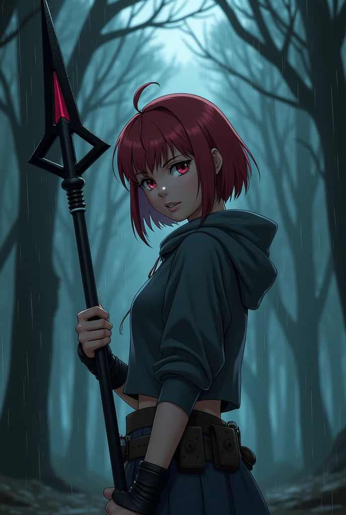 Girl with short red hair in tomboy style, wine colored eyes, in a rainy night forest, holding a black metal spear with white notches, anime style V2