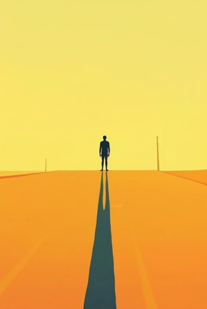 A drawing of a person's silhouette with their shadow on an endless road, with the yellow and orange colors minimal style list and a little bit of the cartoon painting style