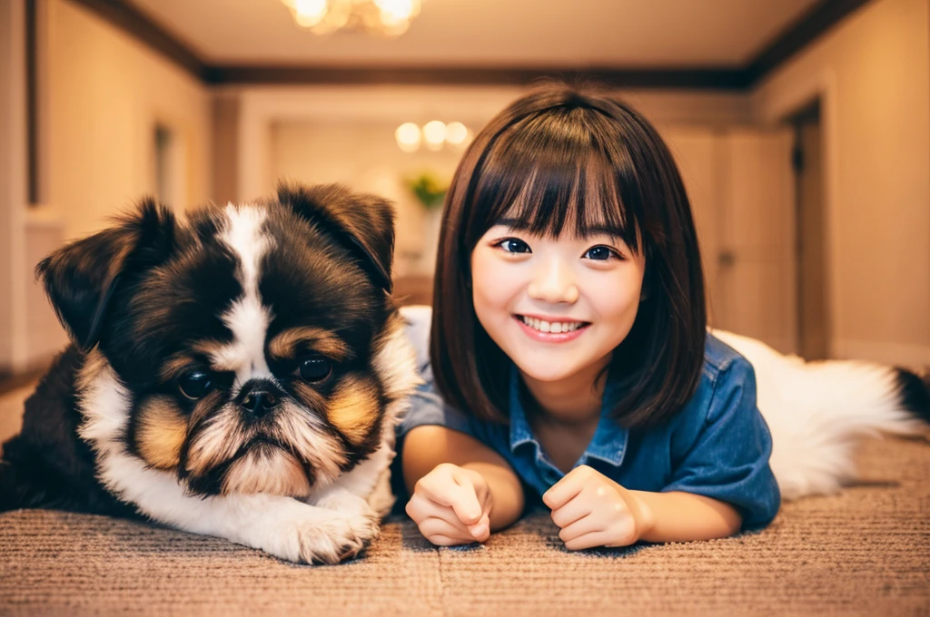 Highest quality masterpiece A very cute is smiling and holding a Shih Tzu dog Photo style Real Background inside the house