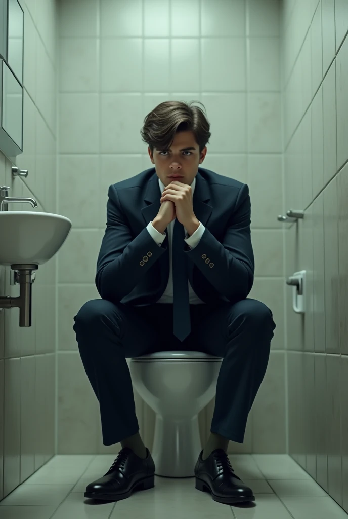 (photorealism:1.2), jeune detective, assis sur les toilettes