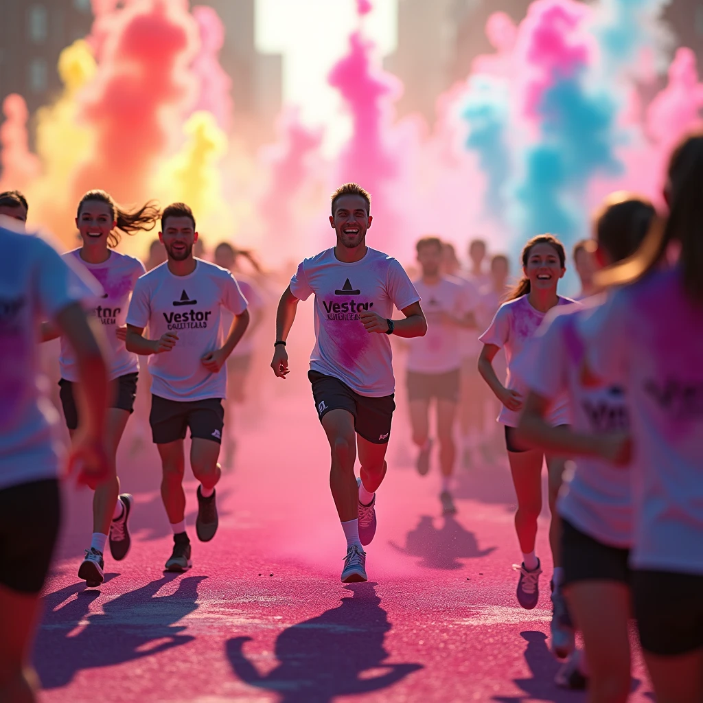 A colorful 3D image of a color run event, people running with colorful powder, DJ in the middle of a vibrant crowd, text (vestor) and text (color run), colorful smoke background, dynamic movement, photorealistic, 8K resolution, cinema4d, 3D render, vivid colors, dramatic lighting, ultra-detailed, hyper-realistic, trending on artstation