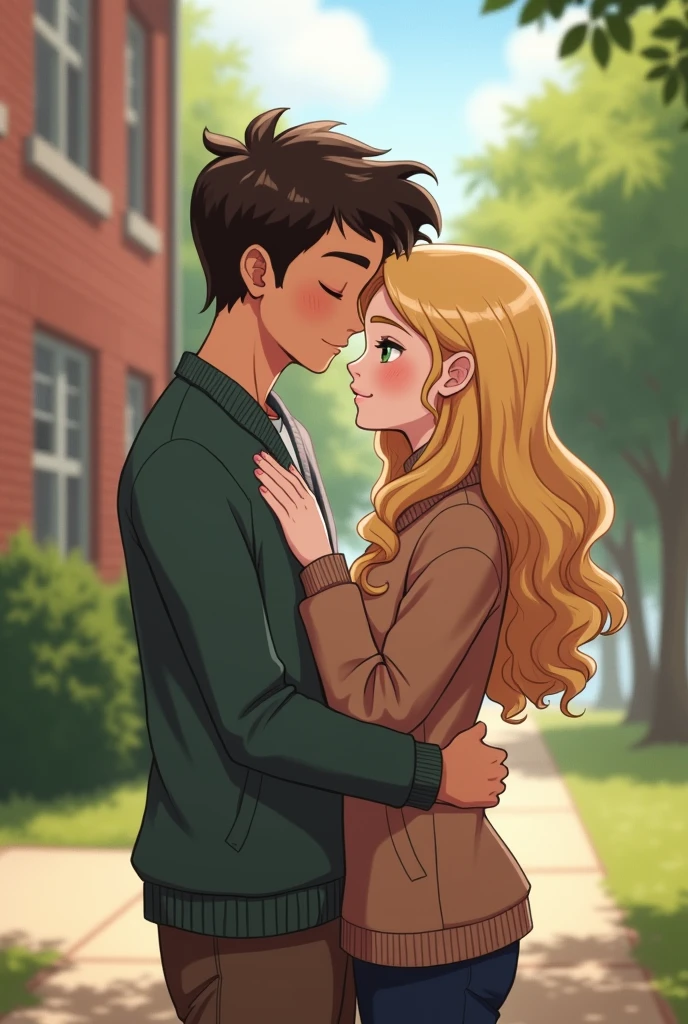 A white girl with long hair , curly and blond with green eyes at school along with a tall dark-haired boy with dark brown eyes hugging each other