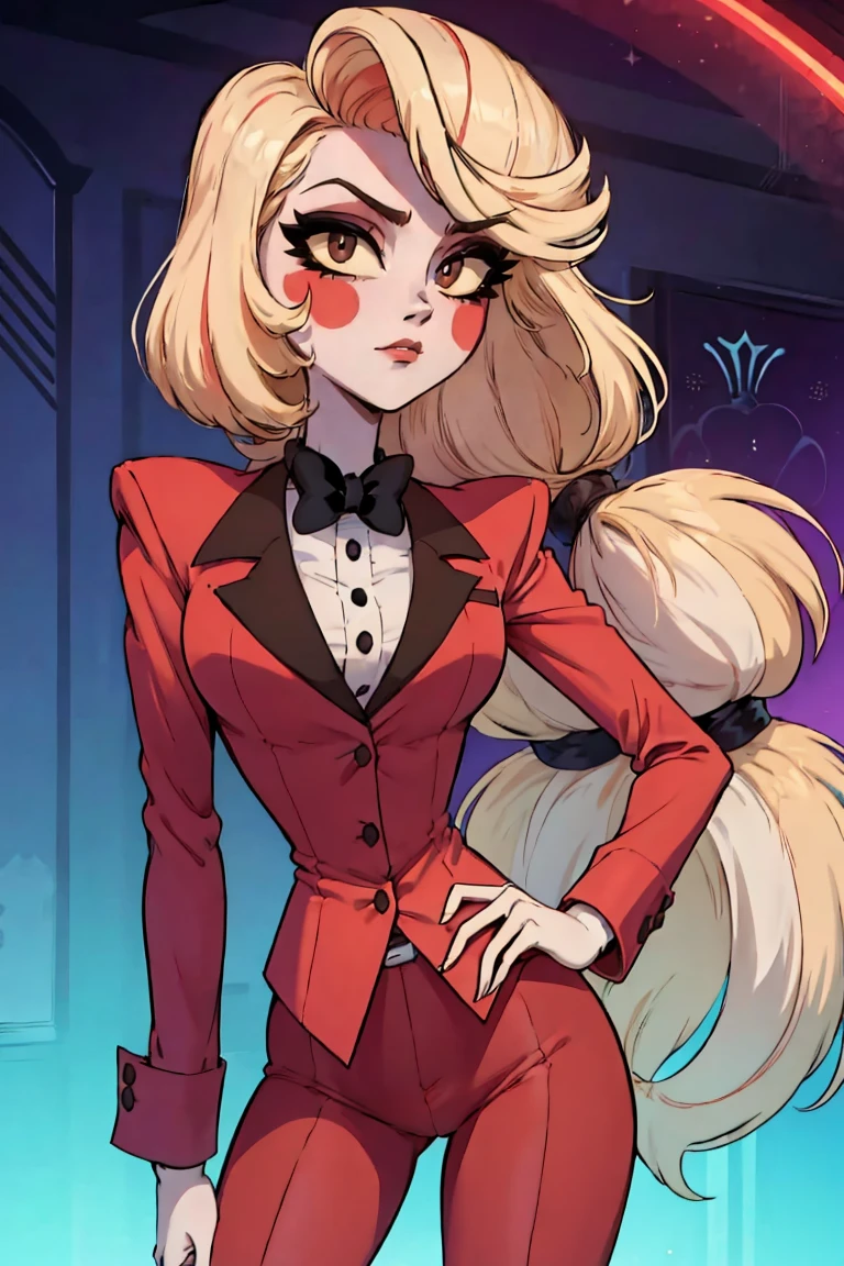 sexy, ass, ass, Charlie, pretty girl, cute face, sparkling eyes, ass, weet expression, soft smile, looking at viewer, lovely,kawaii background,  redSuit, White skin, rosy cheek, blonde ankle-length hair,  twice-banded ponytail with two black hair ties,eyes with light yellow sclera, red pupils, s 
red tuxedo-jacket with darker-colored lapels, high-collared white untucked dress-shirt with small black buttons on the upper-front, small black bowtie and black suspenders over her shoulders, dark red dress pants, medium-heeled white saddle shoes, (masterpiece:1.2), (cowboy-shot:1.2), dark romantic lighting, (highly detailed:1.2), (detailed face:1.2), (full-body shot:1.2), (gradients), colorful, detailed eyes, (natural lighting:1.2), (solo:1.2),