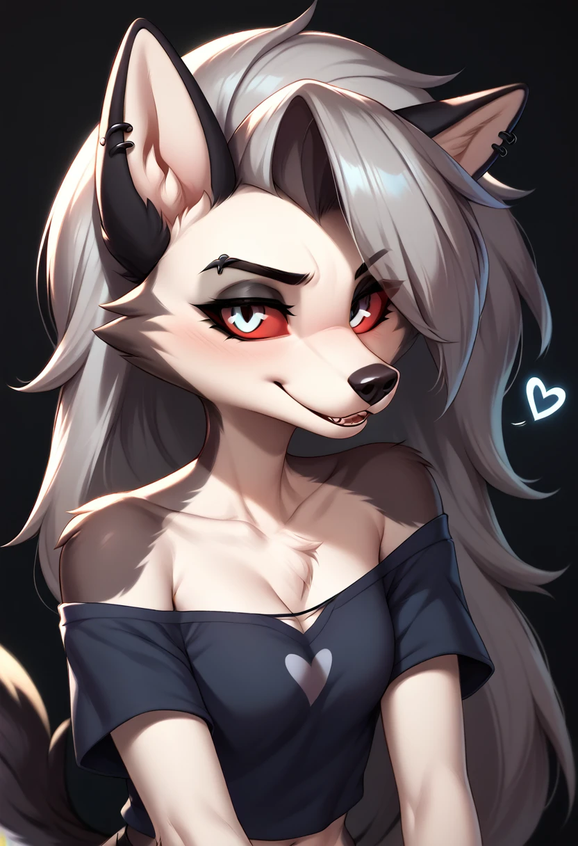 score_9_up, score_8_up, score_7_up, rating_safe, furry, anthro,
loona(jizokumode), hellhound, red sclera, looking at viewer, black background, <3,